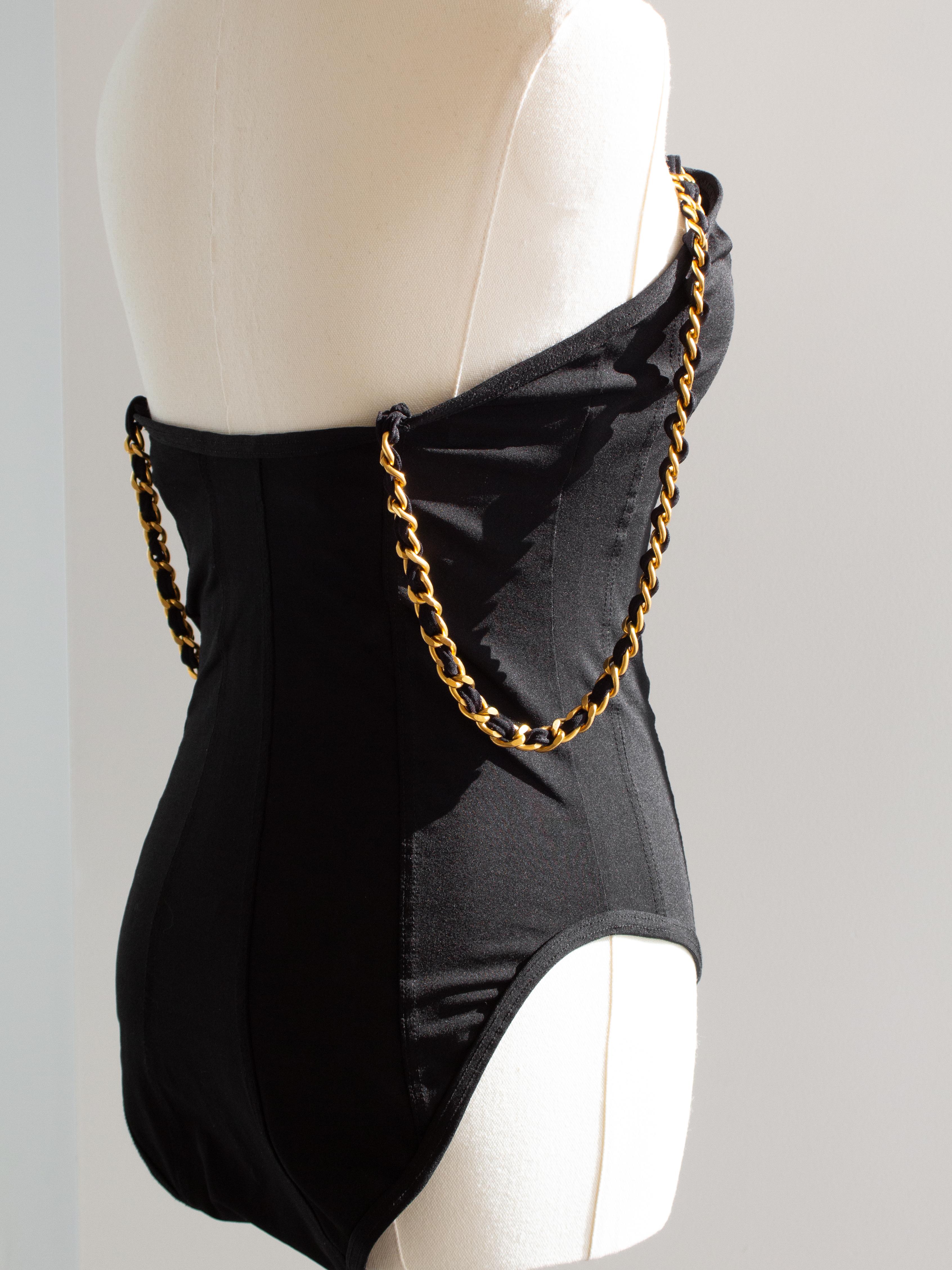 Chanel Vintage 1994 Black Gold Chain Strap Corset Swimsuit Bodysuit For Sale 5