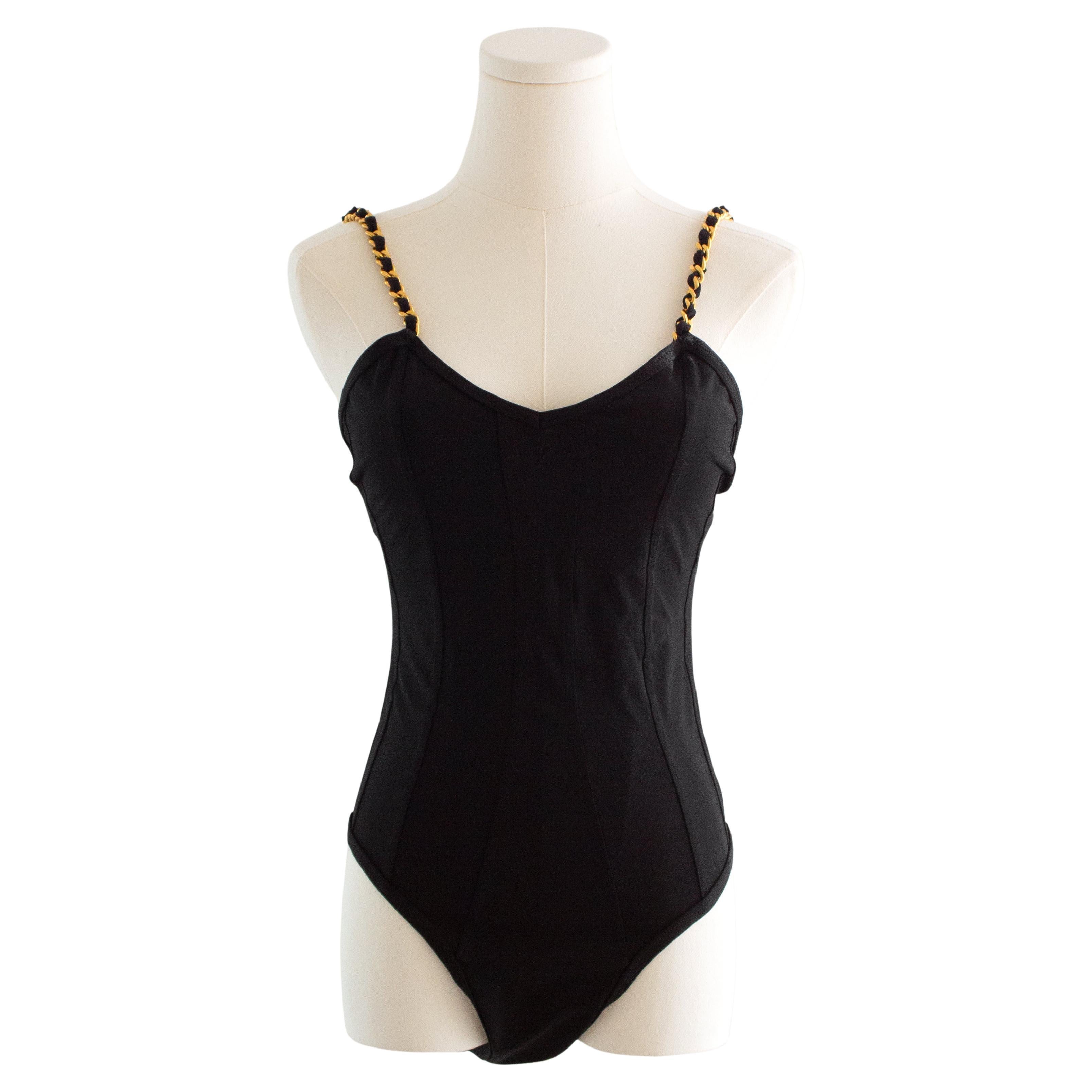 Chanel Vintage 1994 Black Gold Chain Strap Corset Swimsuit Bodysuit For Sale