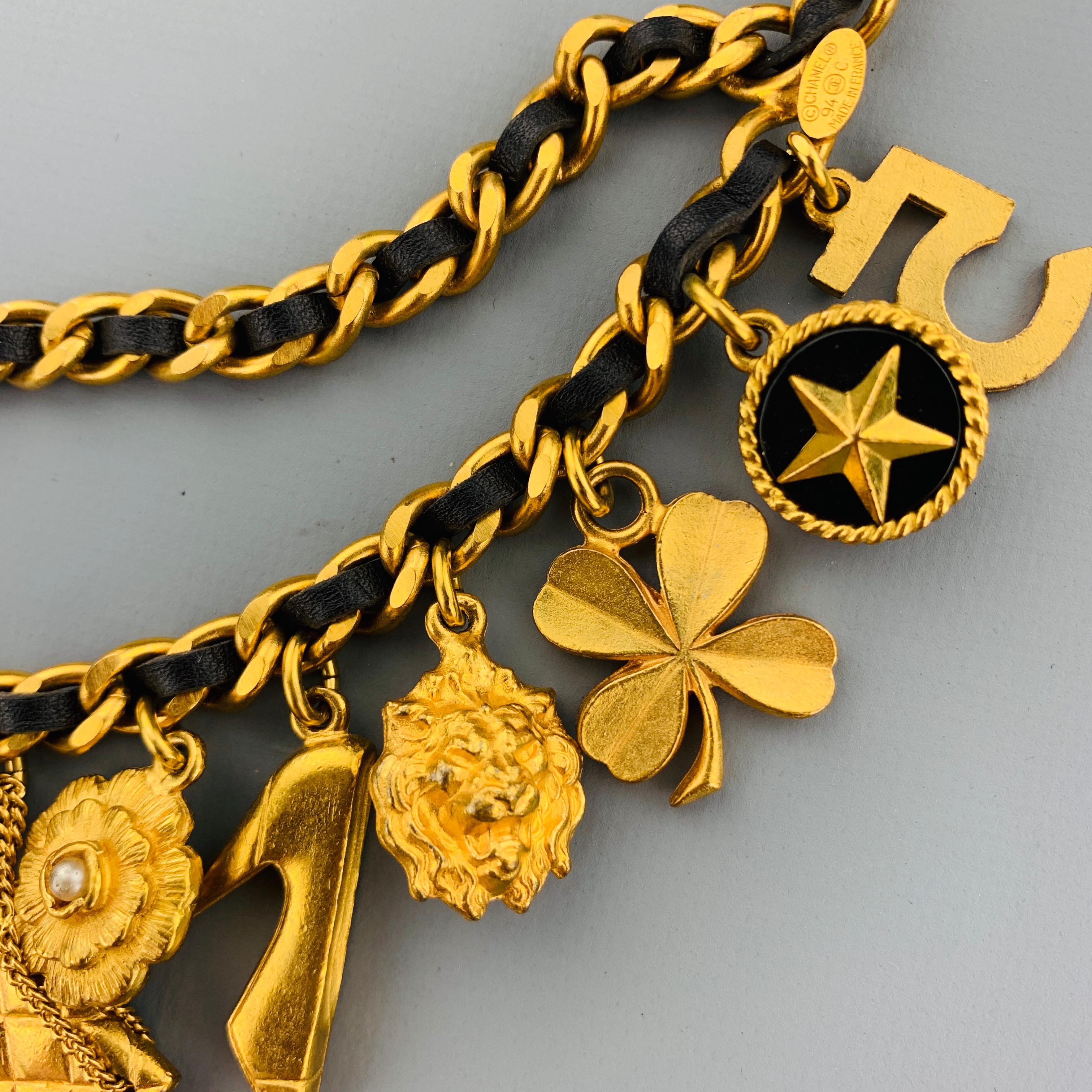 CHANEL Vintage 1994 Gold Tone Metal Black Leather Woven Chain Charms Belt 5