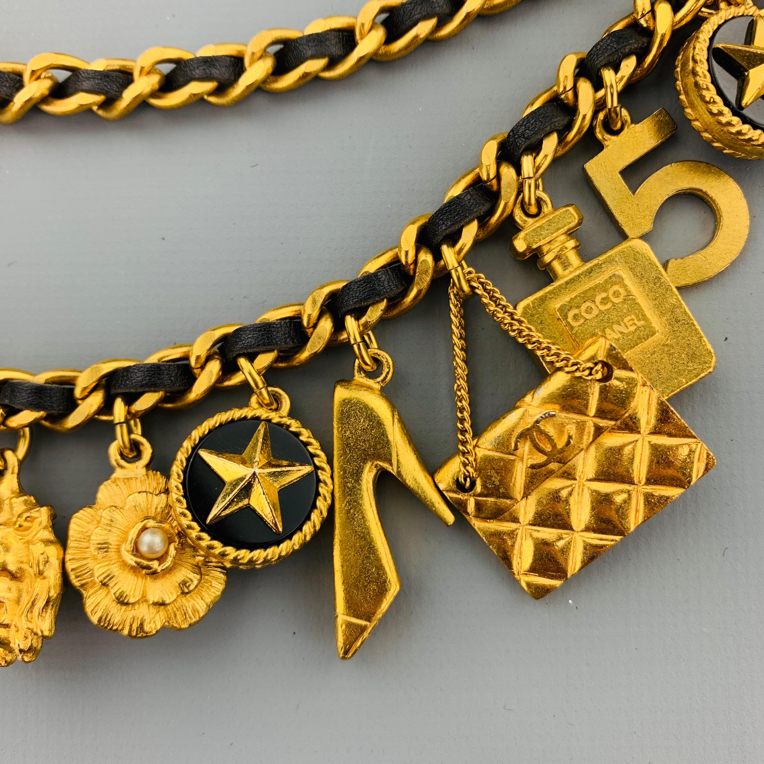 Women's CHANEL Vintage 1994 Gold Tone Metal Black Leather Woven Chain Charms Belt