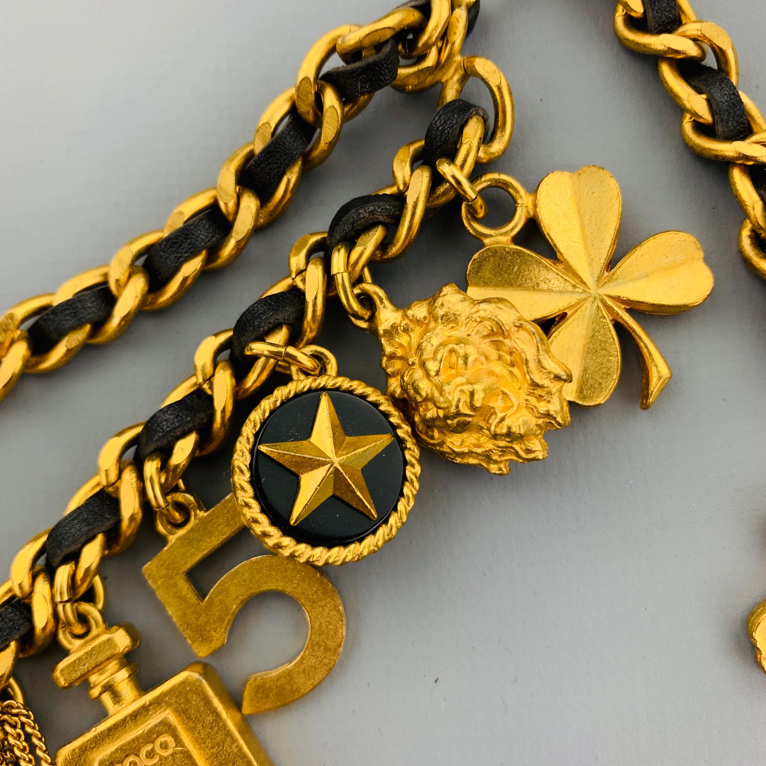 CHANEL Vintage 1994 Gold Tone Metal Black Leather Woven Chain Charms Belt 1