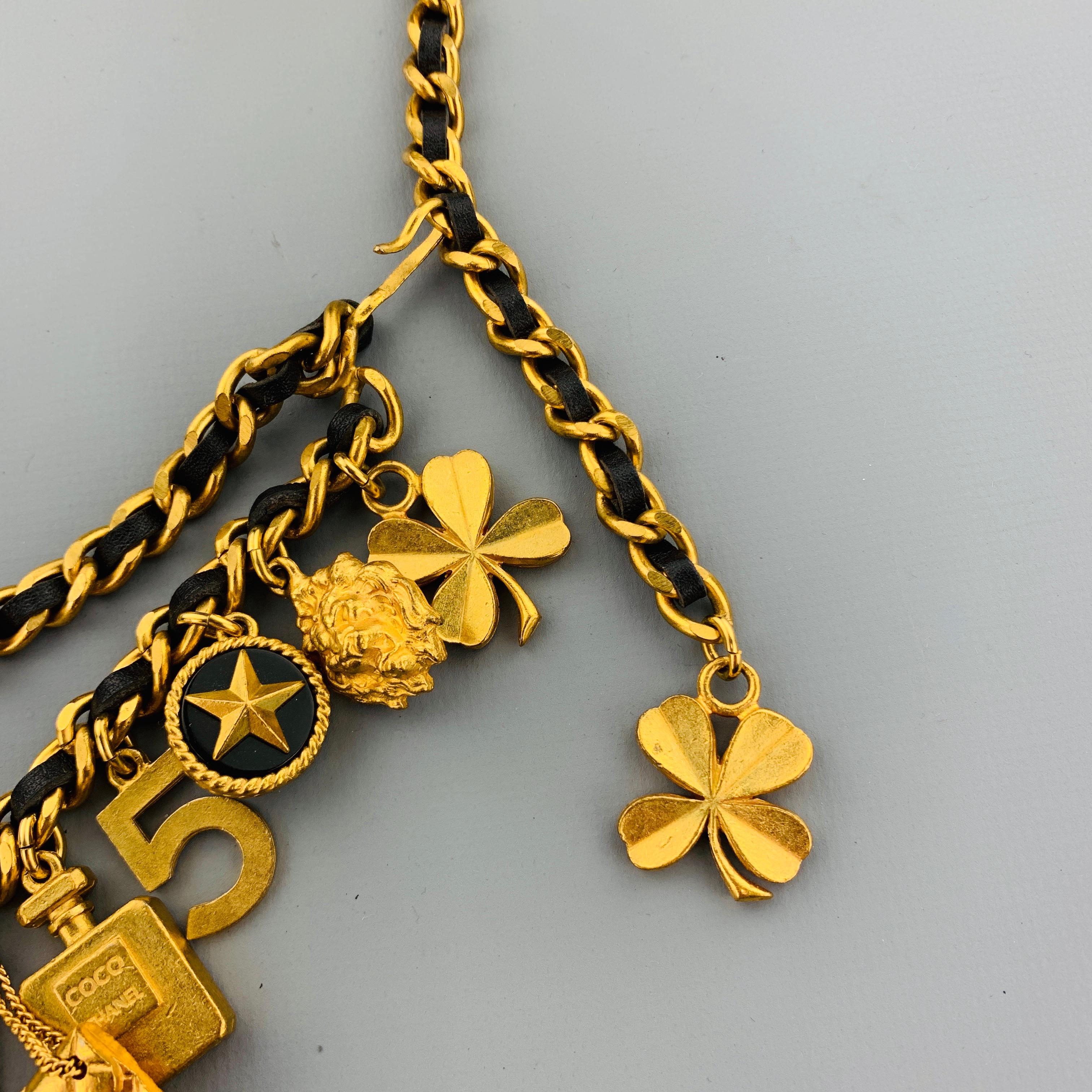 CHANEL Vintage 1994 Gold Tone Metal Black Leather Woven Chain Charms Belt 2