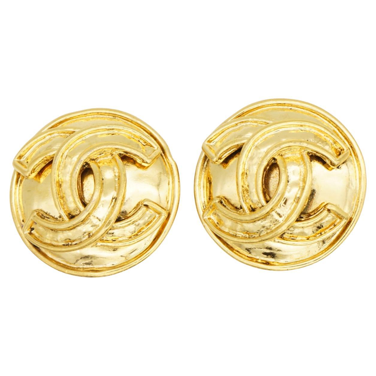 Chanel Vintage 1994 Iconic Large Logo CC Coco Glow Round Circle Clip Earrings