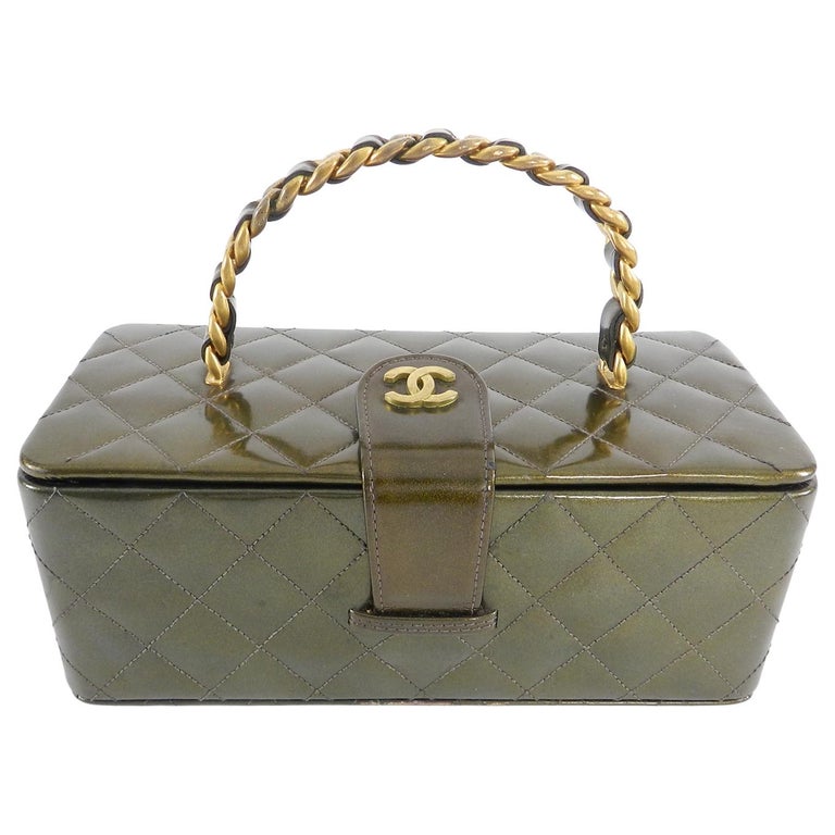 Chanel Vintage 1994 Olive Green Patent Vanity Case Bag at 1stDibs