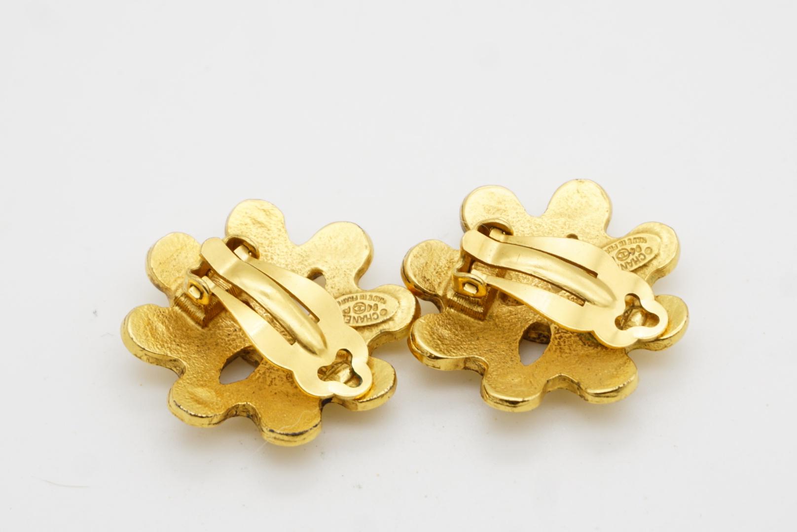 Chanel Vintage 1994 Textured Logo CC Coco Engraved Flower Openwork Earrings For Sale 7