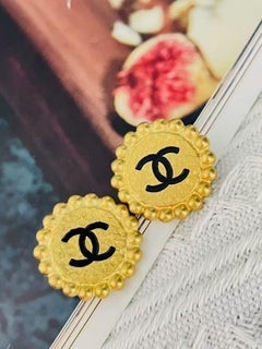 Chanel Vintage 1994 Unisex Iconic Gold Black Coco Dots Round Circle Earrings