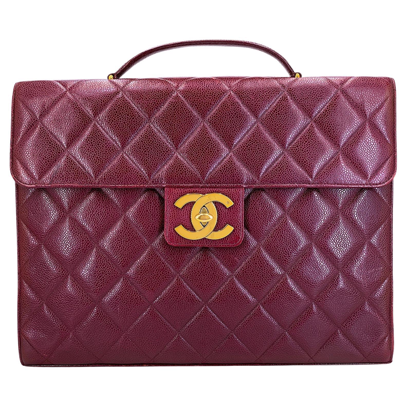 Chanel Vintage 1994 Wine Burgundy Caviar Briefcase Tote Bag 24k GHW 68743 en vente