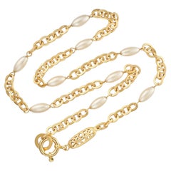 Chanel Vintage 1995 Gold Oval Pearls CC Logo Coco Chain Link Long Necklace