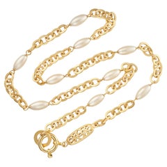 Chanel Vintage 1995 Gold Oval Pearls CC Logo Coco Chain Link Long Necklace