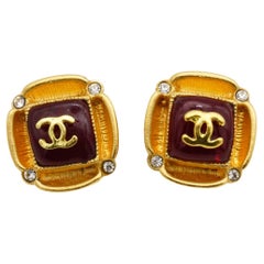 Chanel Vintage 1995 Gripoix Ruby Cabochon Crystals Logo CC Coco Square Earrings