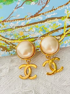 Chanel Vintage 1995 Iconic Gold CC Coco White Pearl Round Drop Clip Earrings