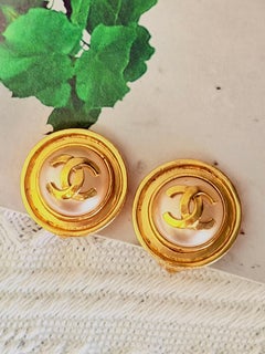 Chanel Vintage 1995 Iconic Gold Circle White Pearl Large Logo CC Coco Earrings