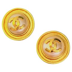 Chanel Vintage 1995 Iconic Gold Circle White Pearl Large Logo CC Coco Earrings