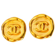 Chanel Vintage 1995 Iconic Gold Large Coco Circle Round Abnormal Badge Earrings