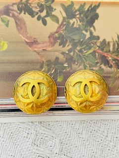 CHANEL Vintage 1995 Iconic Logo CC Quilted Disc Circle Round Gold Clip Earrings