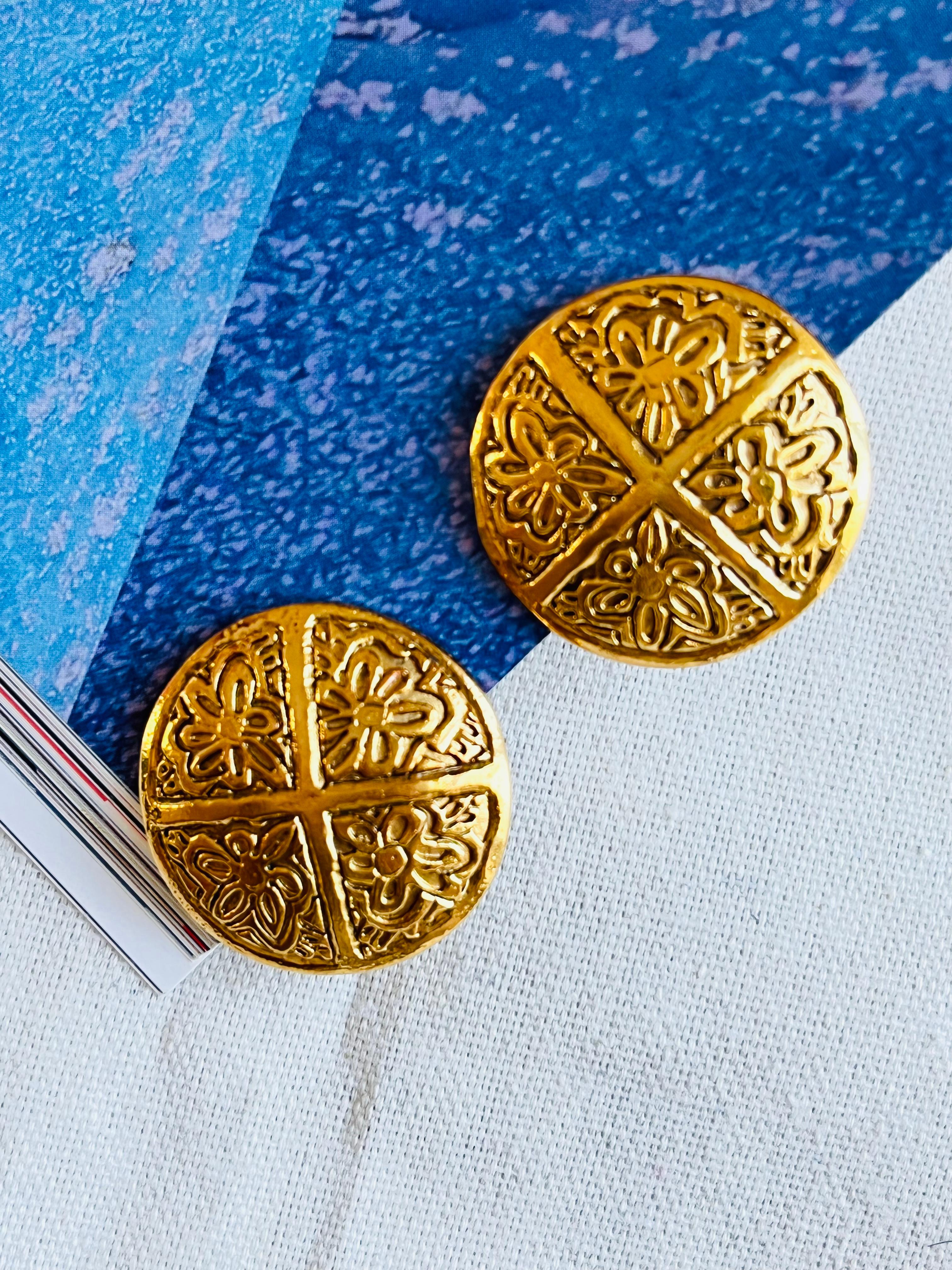 Art Deco Chanel Vintage 1995 Large Camellia Flower Cross Engraved Circle Clip Earrings