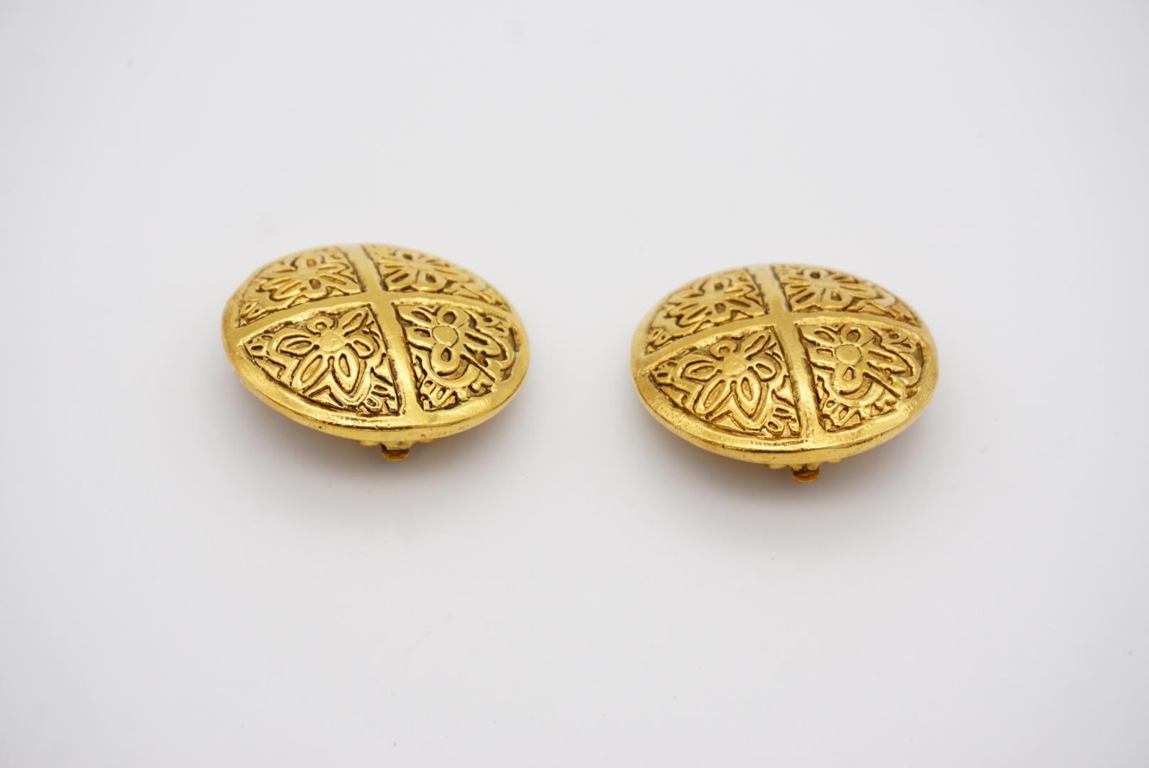 Chanel Vintage 1995 Large Camellia Flower Cross Engraved Circle Clip Earrings 4