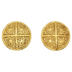 Chanel Vintage 1995 Large Camellia Flower Cross Engraved Circle Clip Earrings