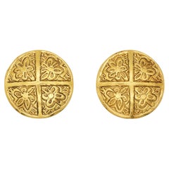 Chanel Vintage 1995 Camellia Flower Cross Engraved Circle Domed Clip Earrings