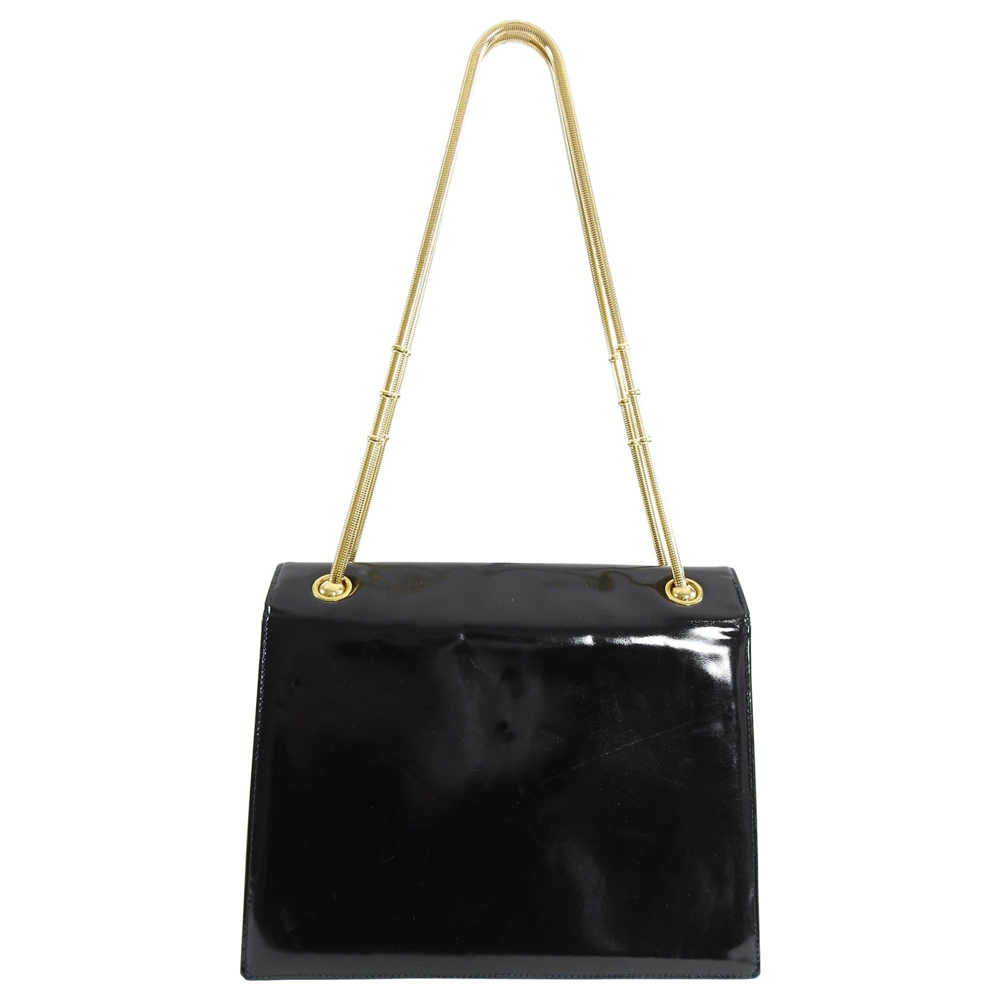 Chanel Vintage 1996 Black Patent CC Logo Bag with Double Gold Snake Chain 1