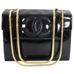 Chanel Vintage 1996 Black Patent CC Logo Bag with Double Gold Snake Chain