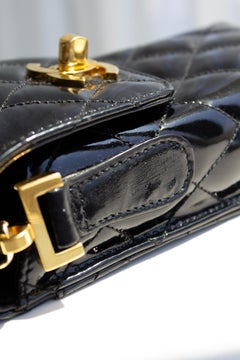 Chanel Vintage 1996 Black Patent Leather Gold CC Turnlock 90s Phone Holder