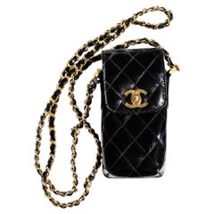 Chanel Vintage 1996 Black Patent Leather Gold CC Turnlock 90s Phone Holder