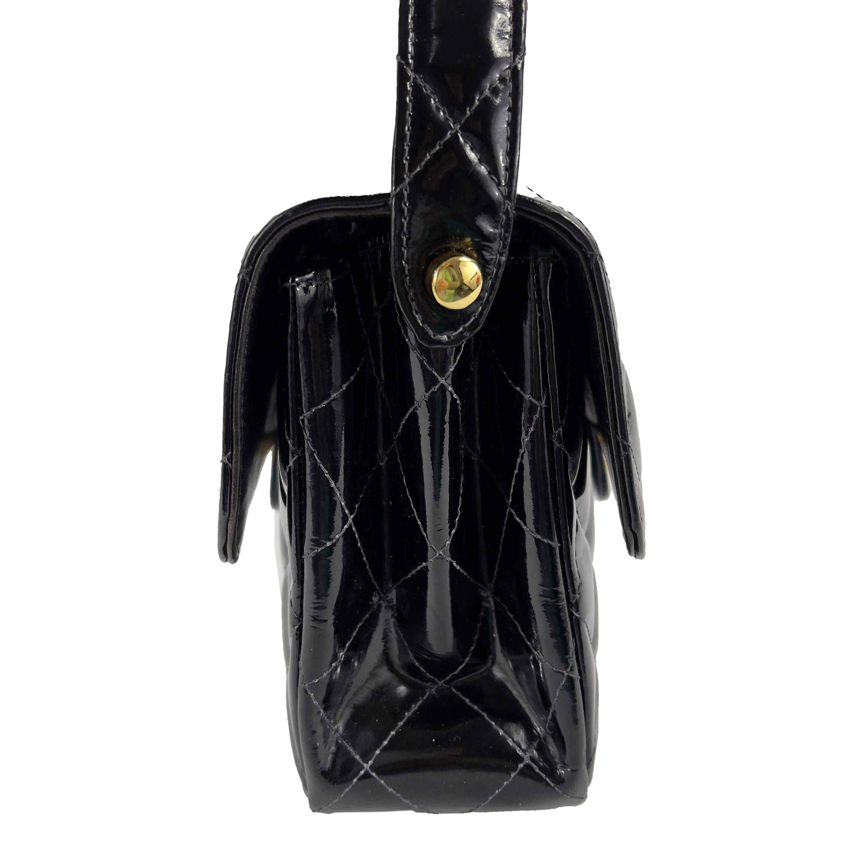 CHANEL Vintage 1996 Black Top Handle Kelly Medium Flap Bag Patent Leather For Sale 8