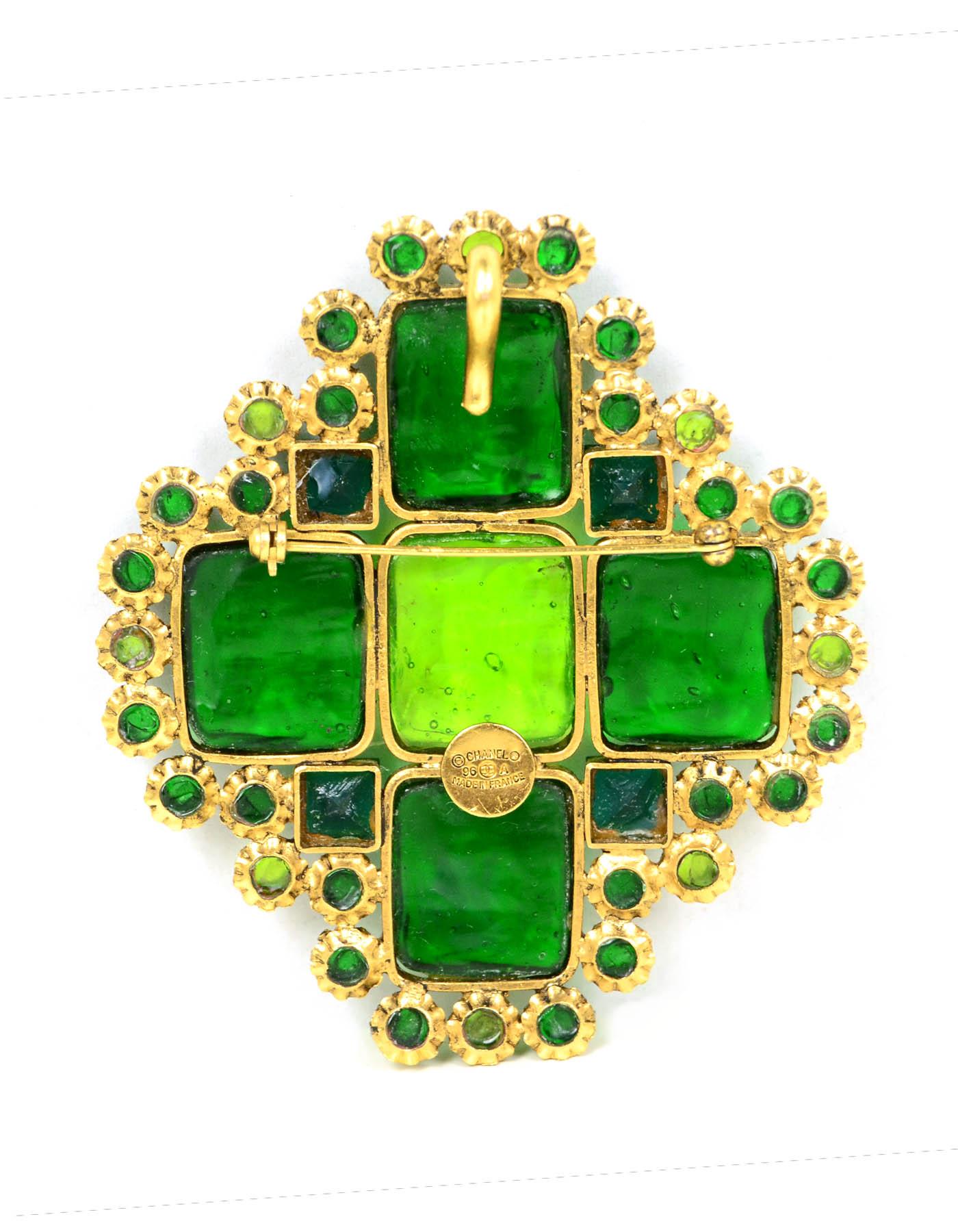 Chanel Vintage 1996 Green Glass Stone Cross Brooch/Pendant In Excellent Condition In New York, NY