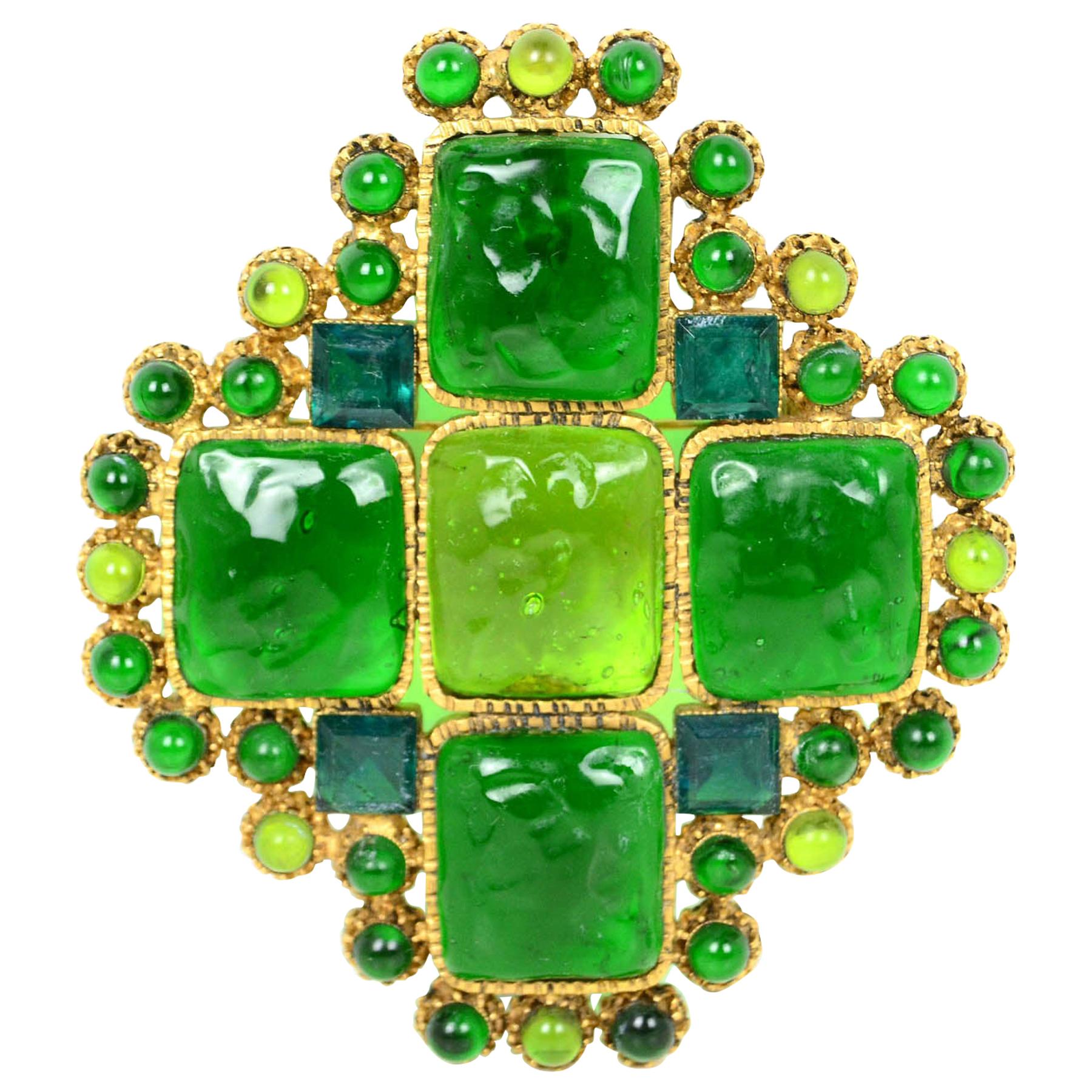 Chanel Vintage 1996 Green Glass Stone Cross Brooch/Pendant
