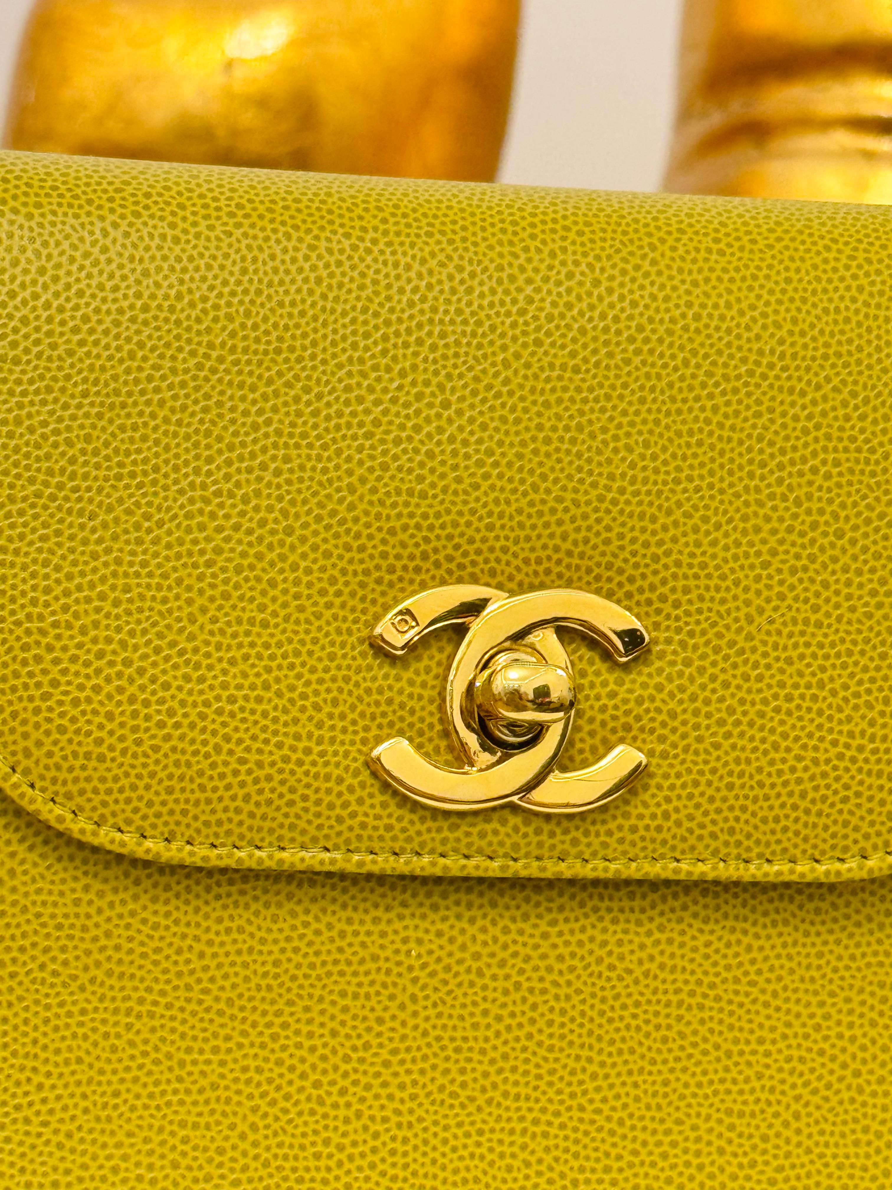 Orange Chanel vintage 1997-1999 Green limon caviar top handle Kelly bag For Sale