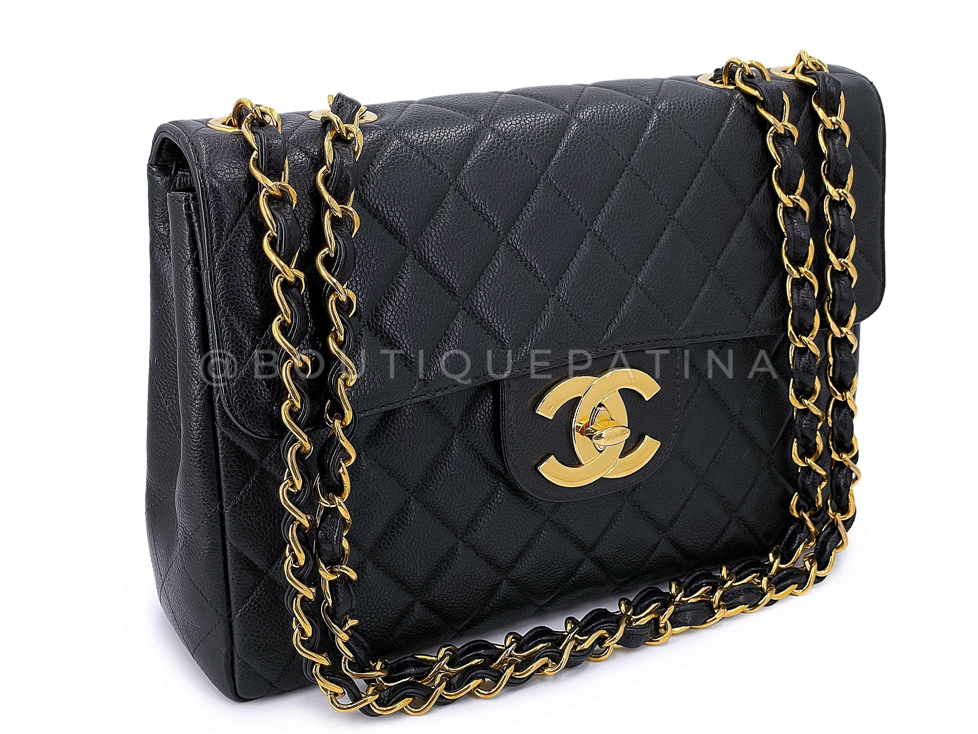 Store item: 67441
A holy grail is this vintage classic jumbo with oversized CC in caviar leather. Vintage caviar bags in excellent condition are hard to find -- usually vintage Chanel bags are in lambskin. The combination of the pebbled calfskin
