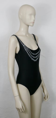 CHANEL Vintage 1997 Black One-Pïece Swimsuit with Printed Pearls Trompe L'oeil