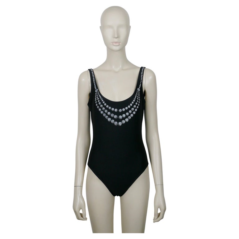 CHANEL Vintage 1997 Black One-Pïece Swimsuit with Printed Pearls Trompe  L'oeil For Sale at 1stDibs | vintage chanel bodysuit
