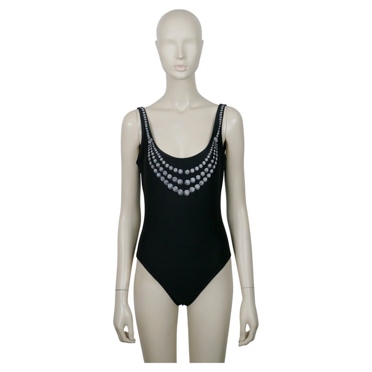 CHANEL Vintage 1997 Black One-Pïece Swimsuit with Printed Pearls 