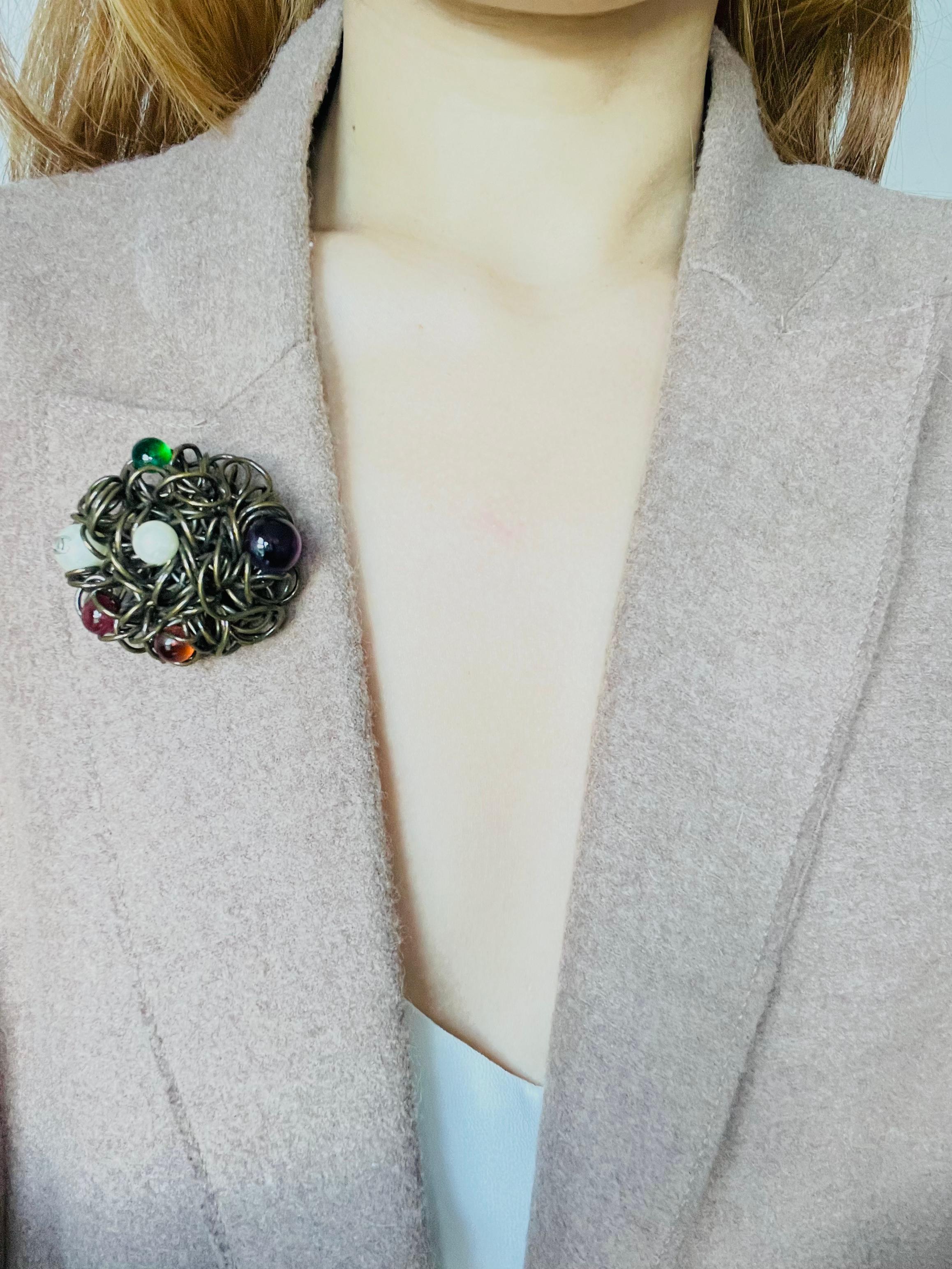 Women's or Men's Chanel Vintage 1997 Gripoix Logo CC Red Green Purple Pearls Birds Nest Brooch