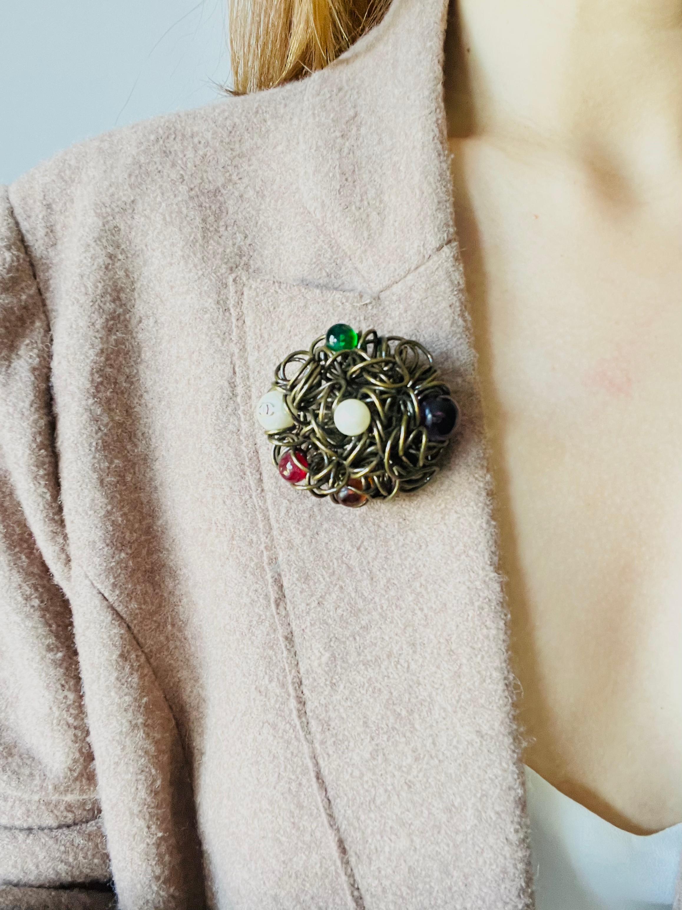Chanel Vintage 1997 Gripoix Logo CC Red Green Purple Pearls Birds Nest Brooch 2