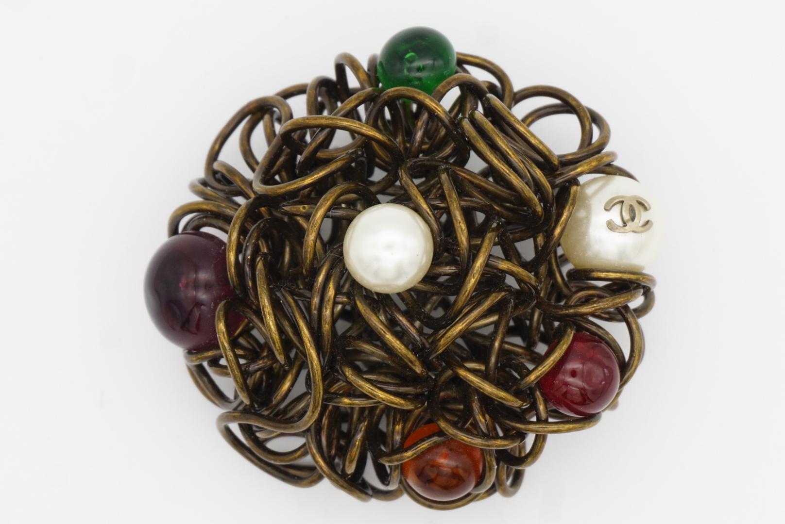 Chanel Vintage 1997 Gripoix Logo CC Red Green Purple Pearls Birds Nest Brooch 3