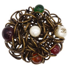 Chanel Vintage 1997 Gripoix Red Green Cabochon Pearls Birds Nest Logo Brooch
