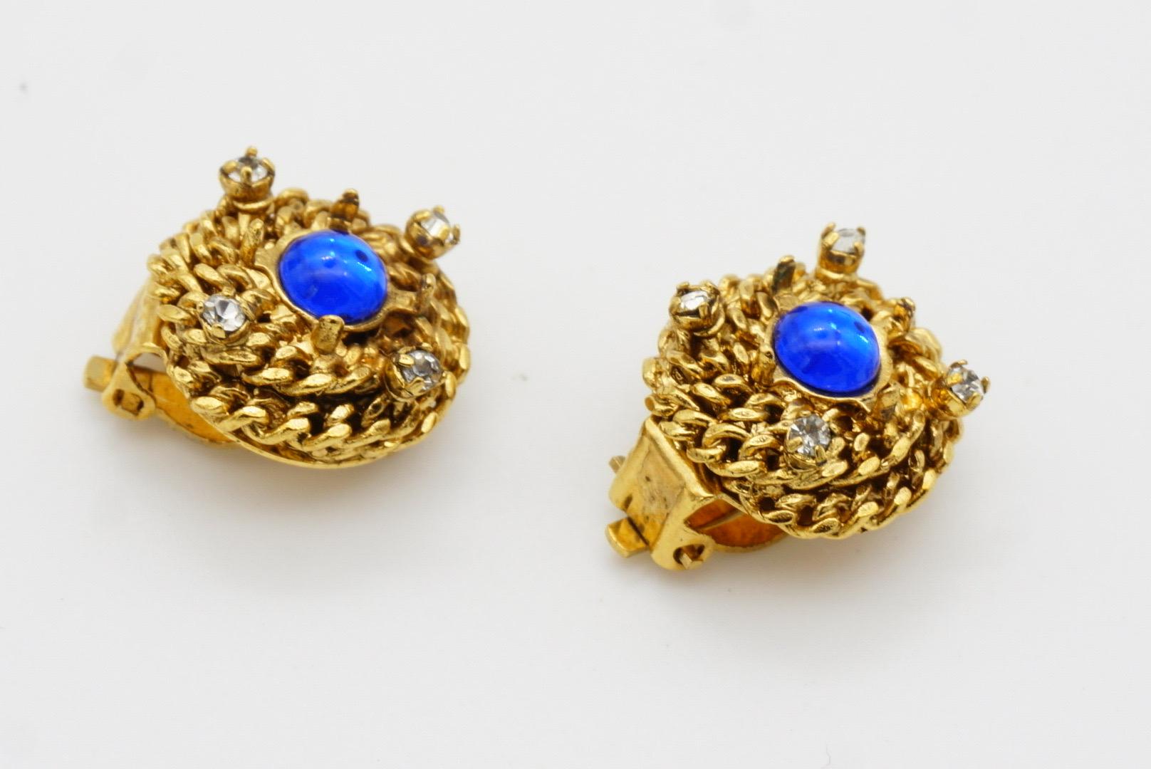 CHANEL Vintage 1997 Gripoix Sapphire Cabochon Crystal Woven Braid Clip Earrings 5