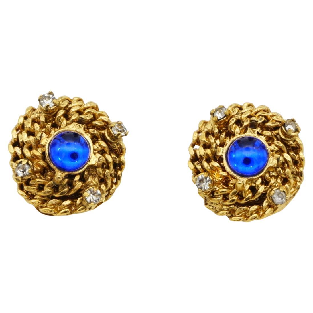 CHANEL Vintage 1997 Gripoix Sapphire Navy Blue Cabochon Crystal Woven Braid Circle Round Elegant Clip Earrings, Gold Plated

Very excellent condition. 100% Genuine.

A very beautiful pair of earrings by CHANEL, signed at the back. Very Rare to