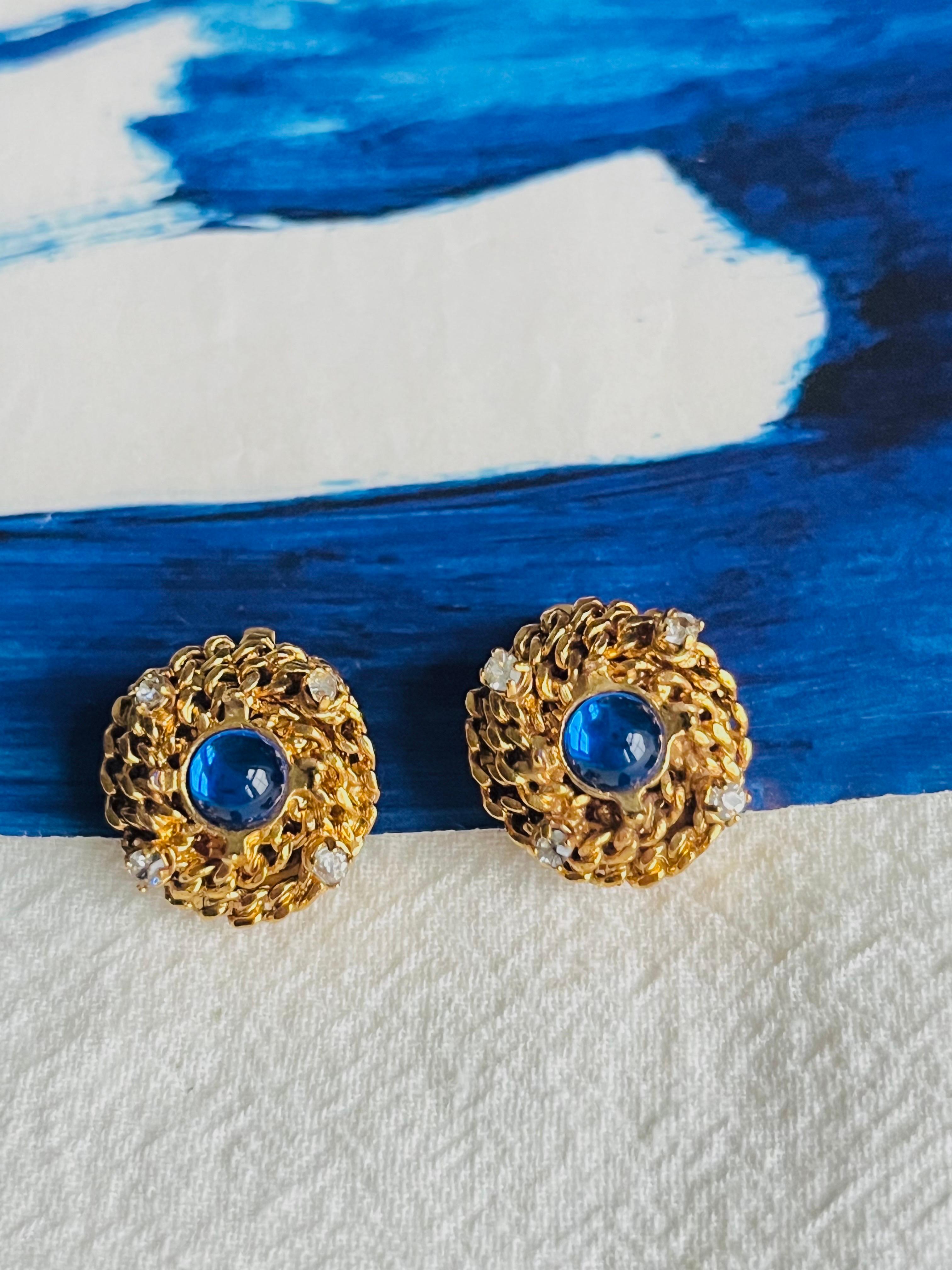 Art Deco CHANEL Vintage 1997 Gripoix Sapphire Cabochon Crystal Woven Braid Clip Earrings