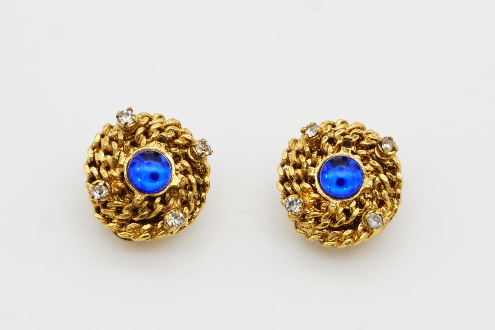 CHANEL Vintage 1997 Gripoix Sapphire Cabochon Crystal Woven Braid Clip Earrings 3