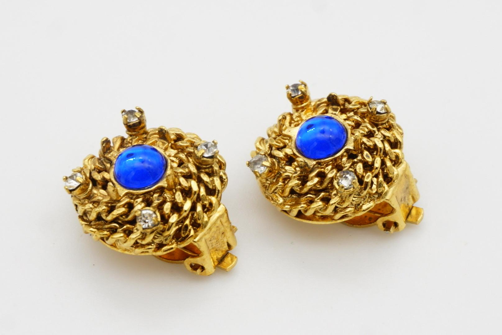 CHANEL Vintage 1997 Gripoix Sapphire Cabochon Crystal Woven Braid Clip Earrings 4
