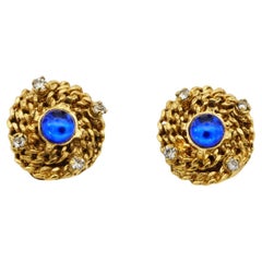 CHANEL Vintage 1997 Gripoix Sapphire Cabochon Crystal Woven Braid Clip Earrings