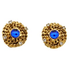 CHANEL Vintage 1997 Gripoix Sapphire Cabochon Crystal Woven Braid Clip Earrings