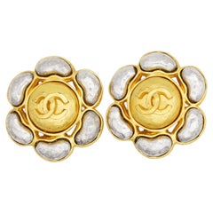 Chanel Vintage 1997 Iconic Large Gold Silver Beans Flower CC Chunky Earrings