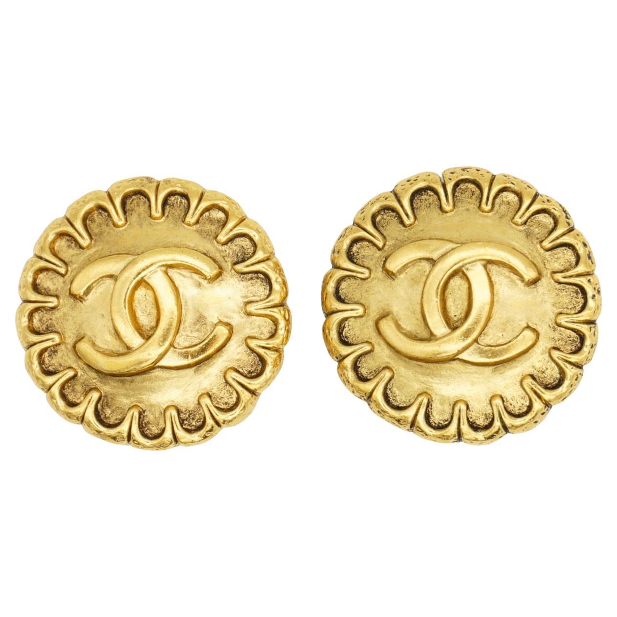 Chanel Vintage 1997 Iconic Logo CC Coco Lace Ruffles Gold Round Circle Earrings
