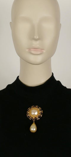 Chanel Vintage 1997 Logo Rim Dangling Pearl Brooch