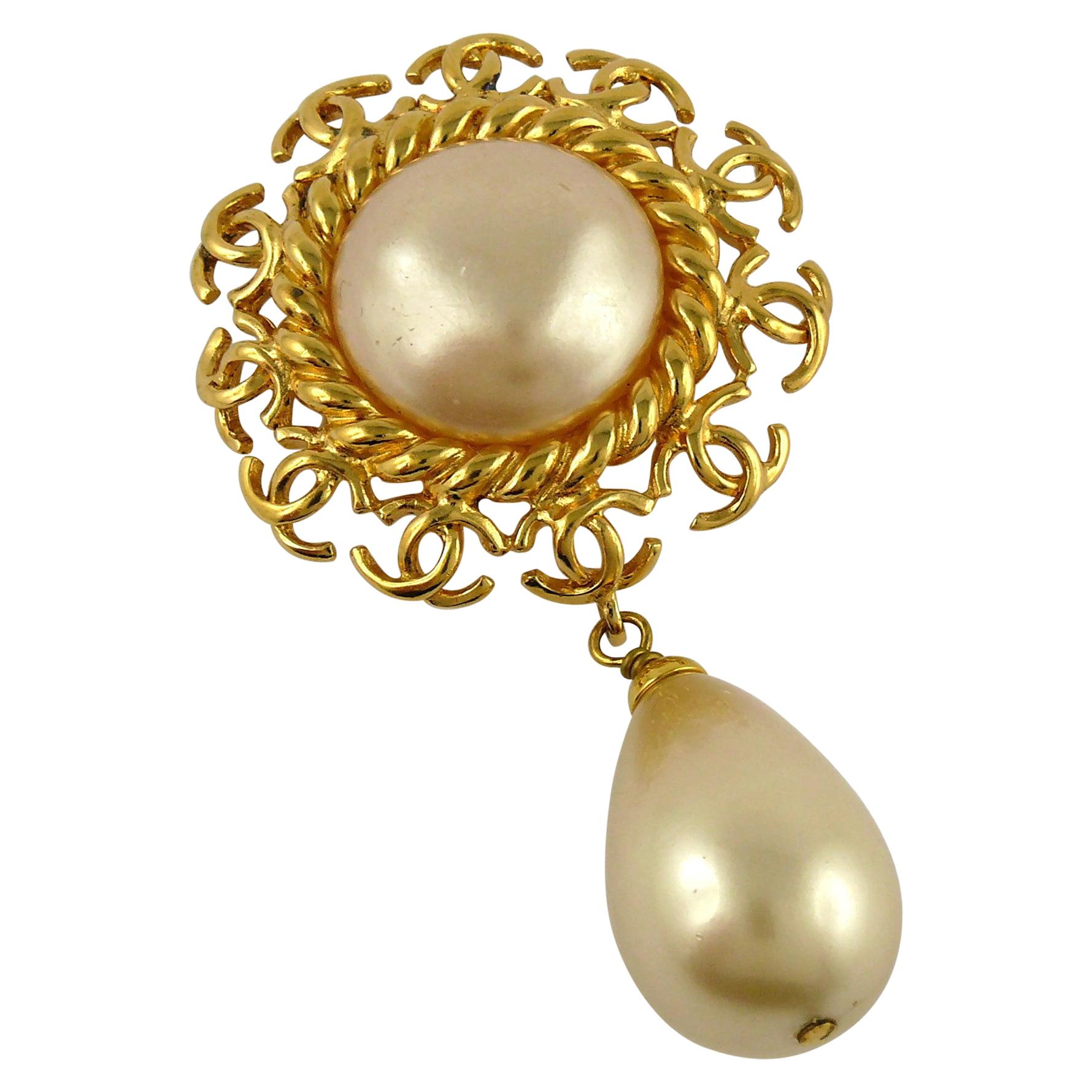 Chanel Vintage 1997 Logo Rim Dangling Pearl Brooch